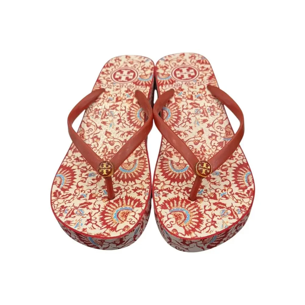 Tory Burch Thandie Printed Platform Wedge Flip Flops Red Women’s 7